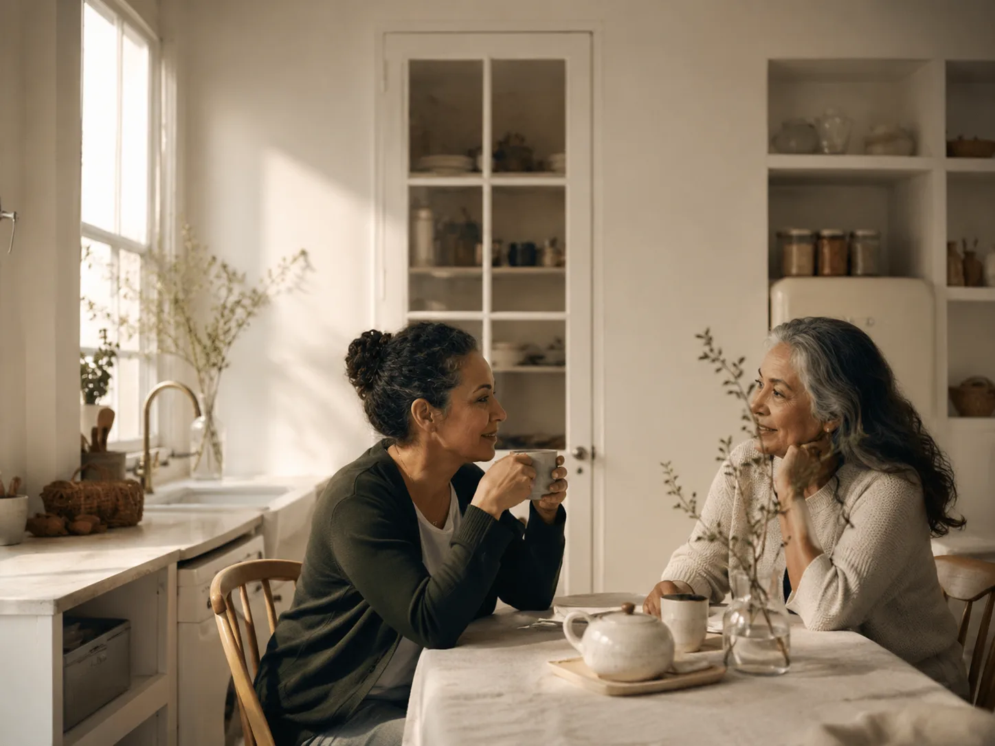 An adult daughter and her elderly mother sharing tea at home