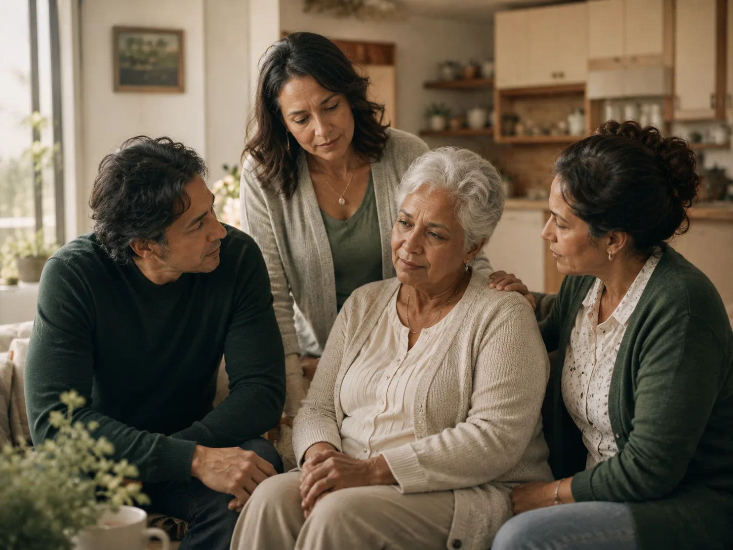 An adult family gathered around their elderly parent at home