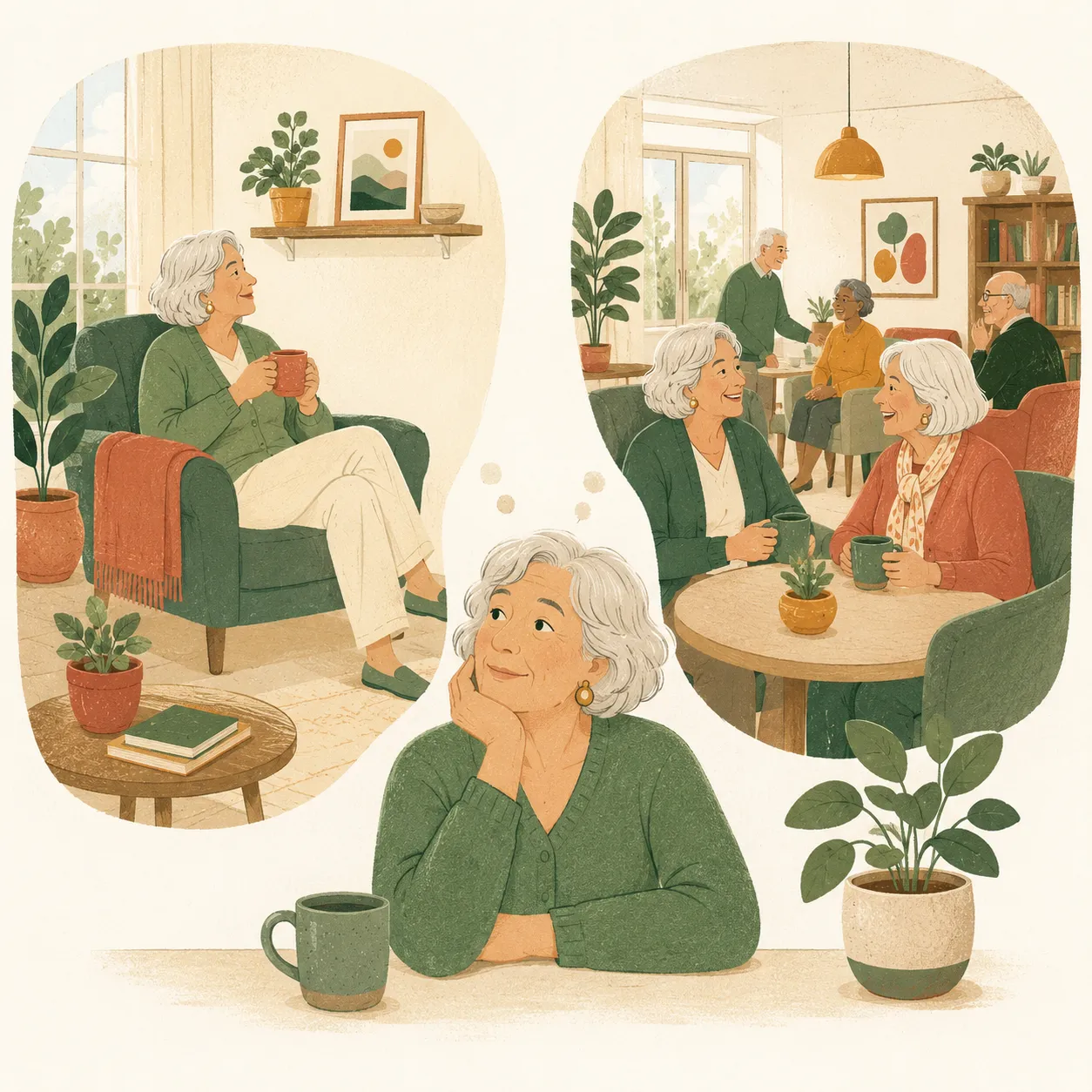 An older woman picturing staying home alone versus a lively community setting.