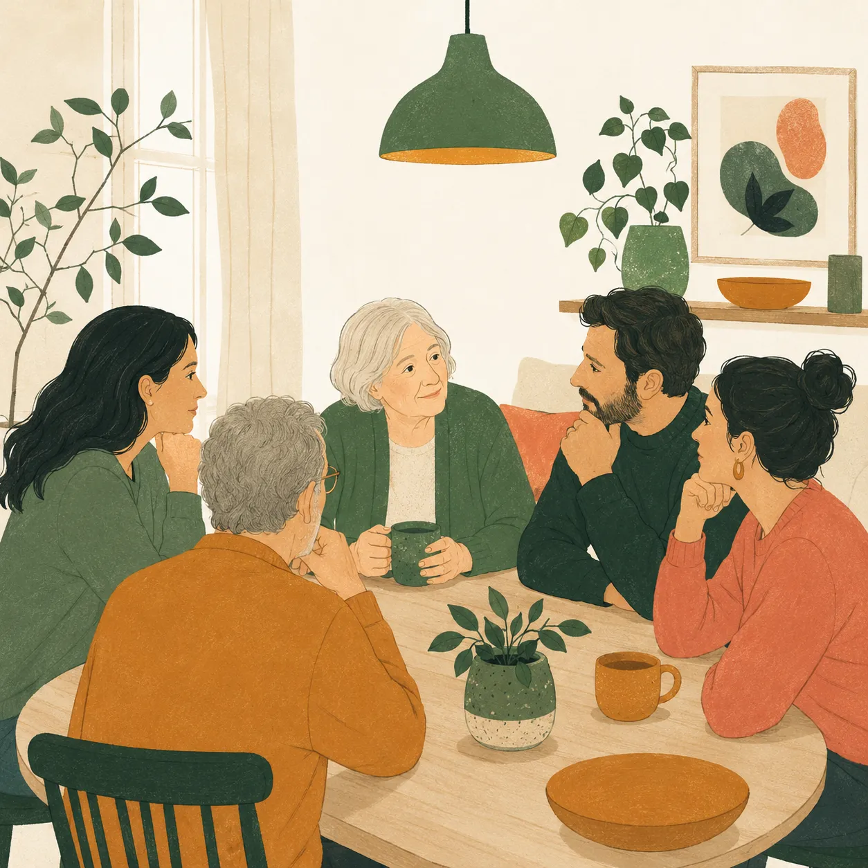 A family gathered around the table weighing a parent's care options together.