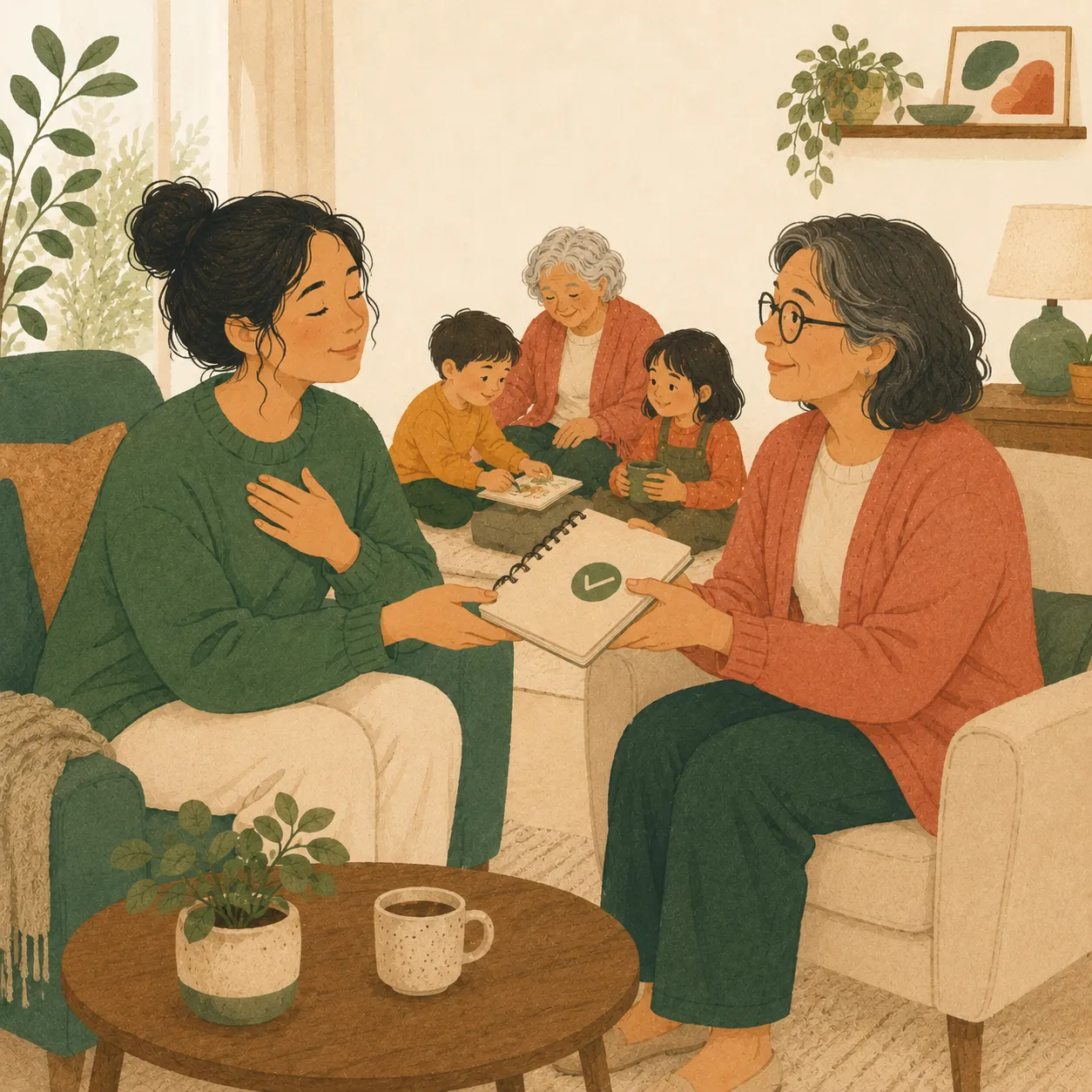 A weary caregiver pausing while juggling children and an aging parent at once.