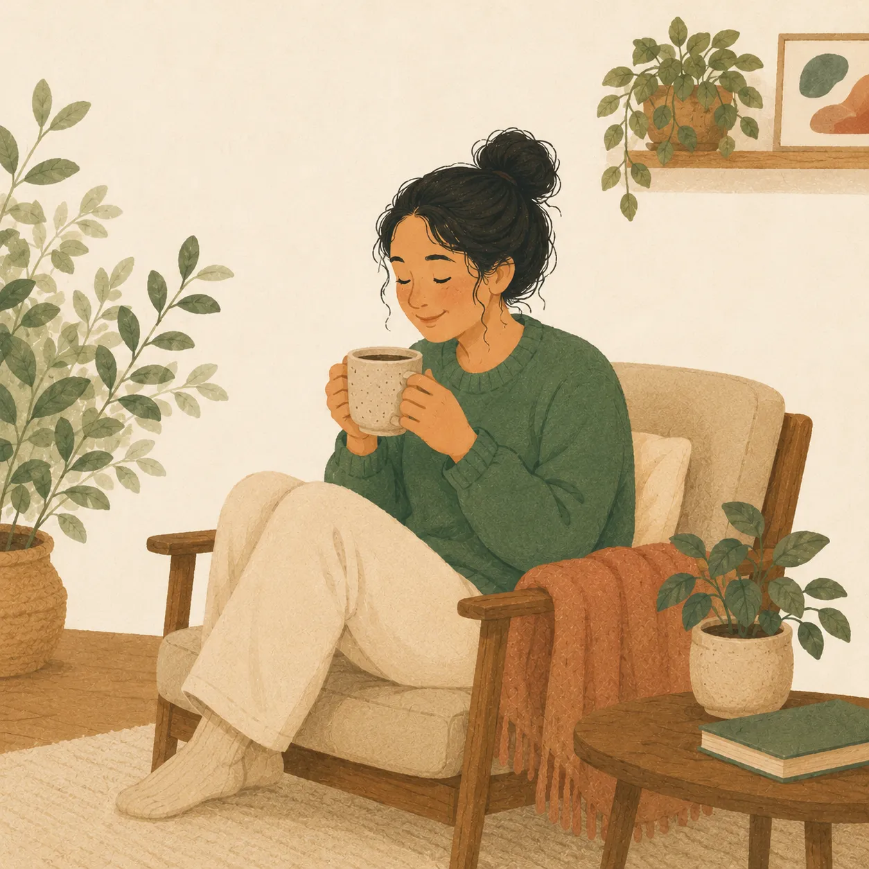 A caregiver taking a quiet, restorative break with a warm cup of tea.