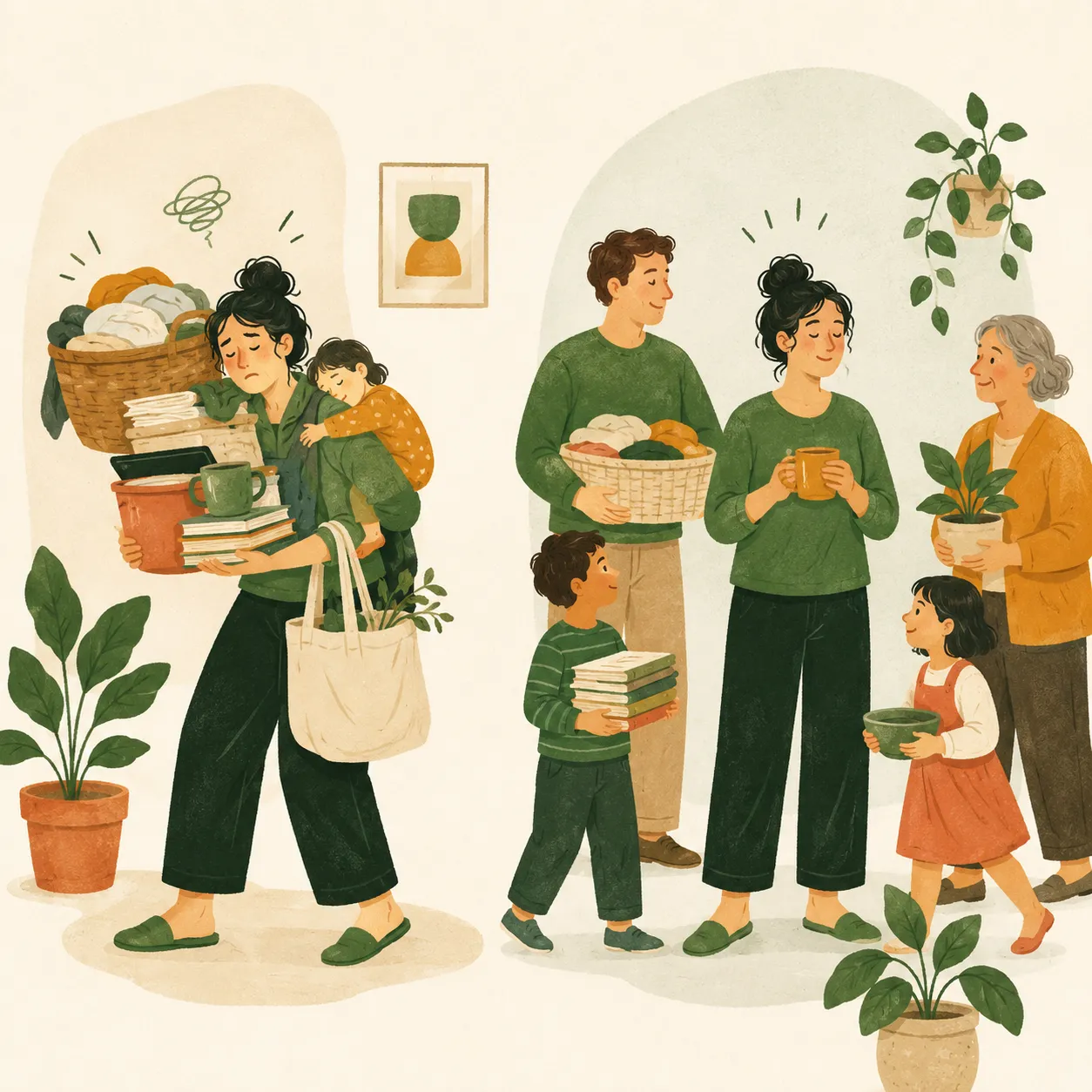 The same caregiver carrying the load alone versus sharing it across the family.