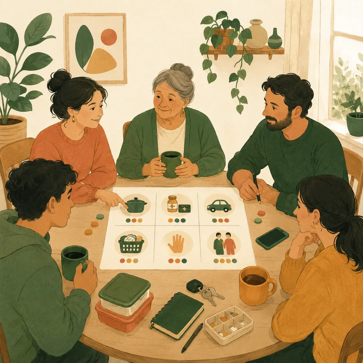 A family dividing caregiving tasks so the load is shared, not carried by one person.