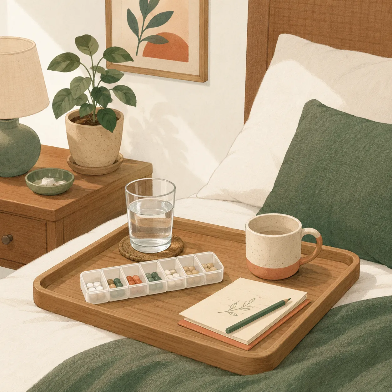 A bedside tray with a weekly pill organizer, water, and a notepad for the medication routine.