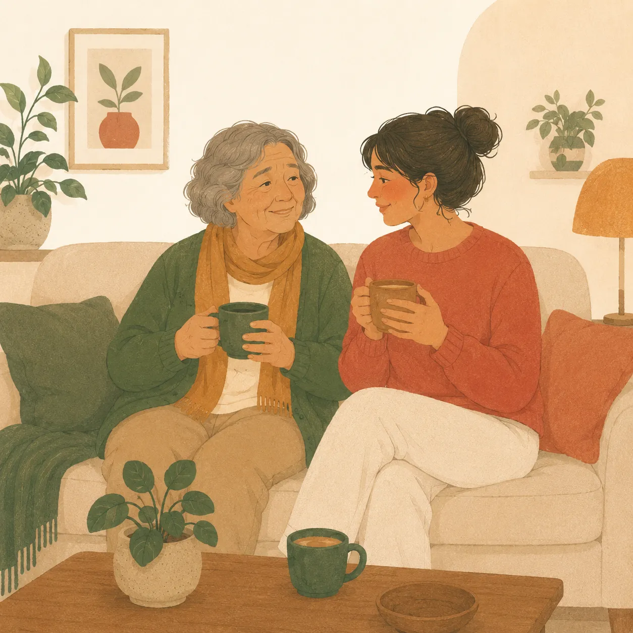 An older parent and a helper sharing tea and easy conversation on the sofa.