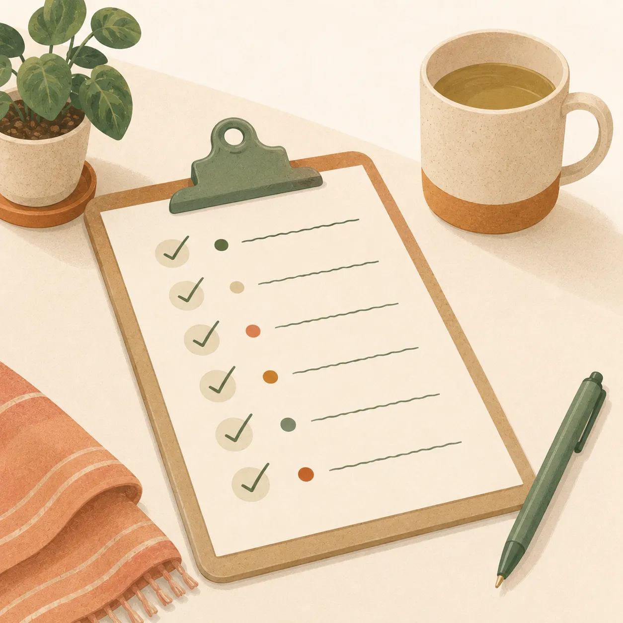 A checklist on a clipboard with each item ticked, beside a pen and tea.