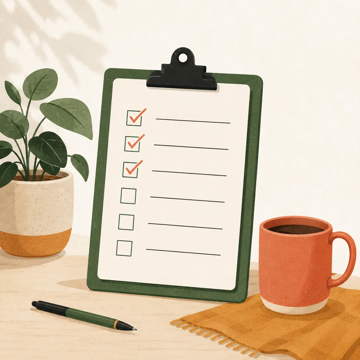 A check-in checklist on a clipboard with the first few items ticked off.