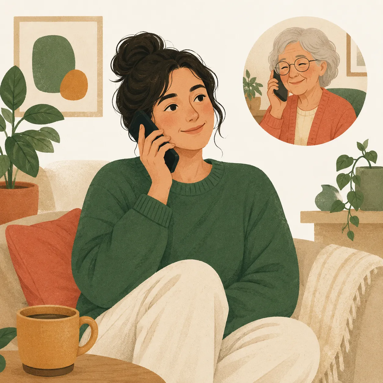 A daughter on a warm phone call checking in on her older mother.