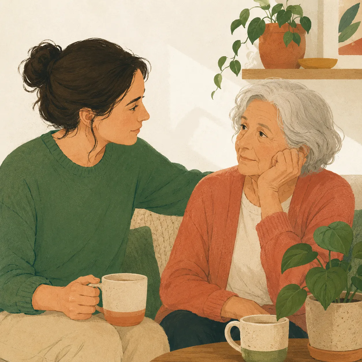 An adult daughter quietly noticing how her older mother is really doing.