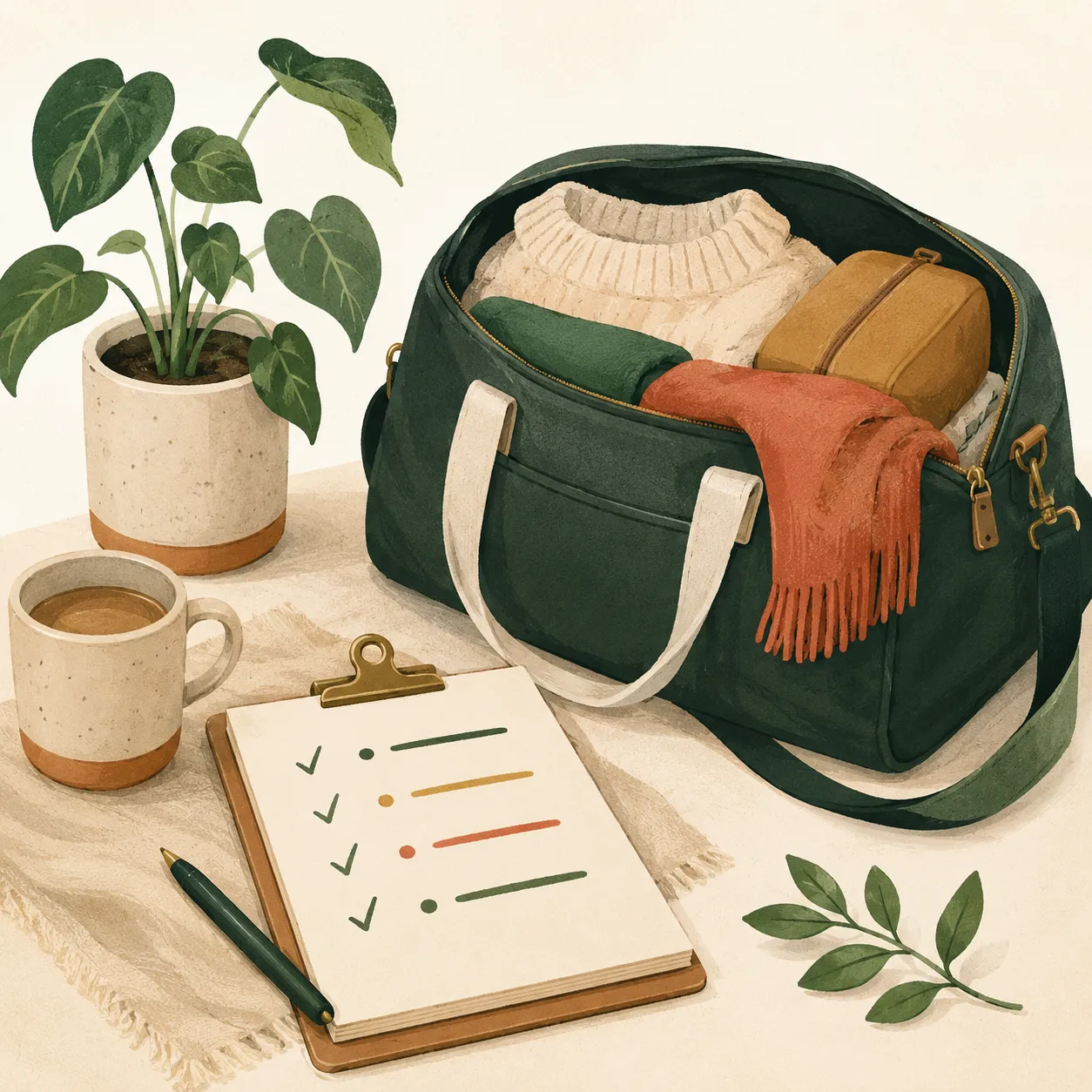 A packed travel bag and a visit checklist ready for the holiday trip.