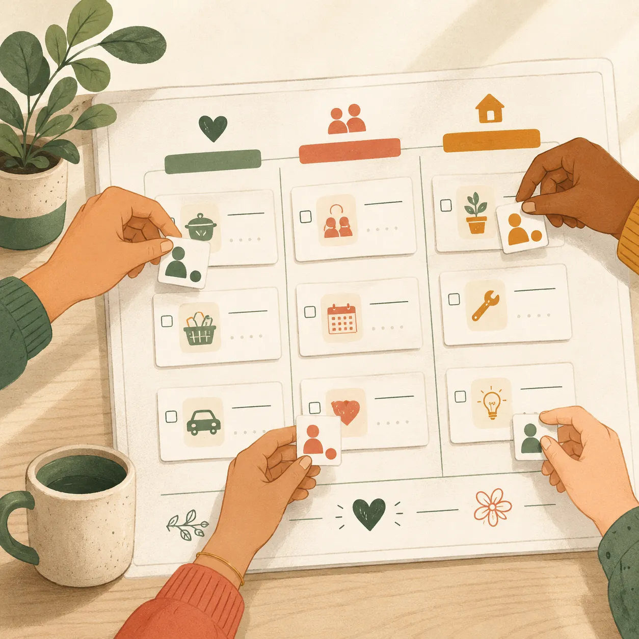 Family hands assigning care tasks to owners on a shared planning board.