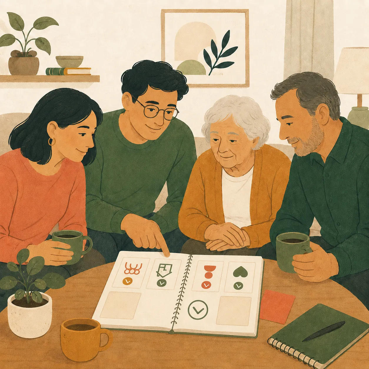 A family and their older parent reviewing the care plan together at the table.