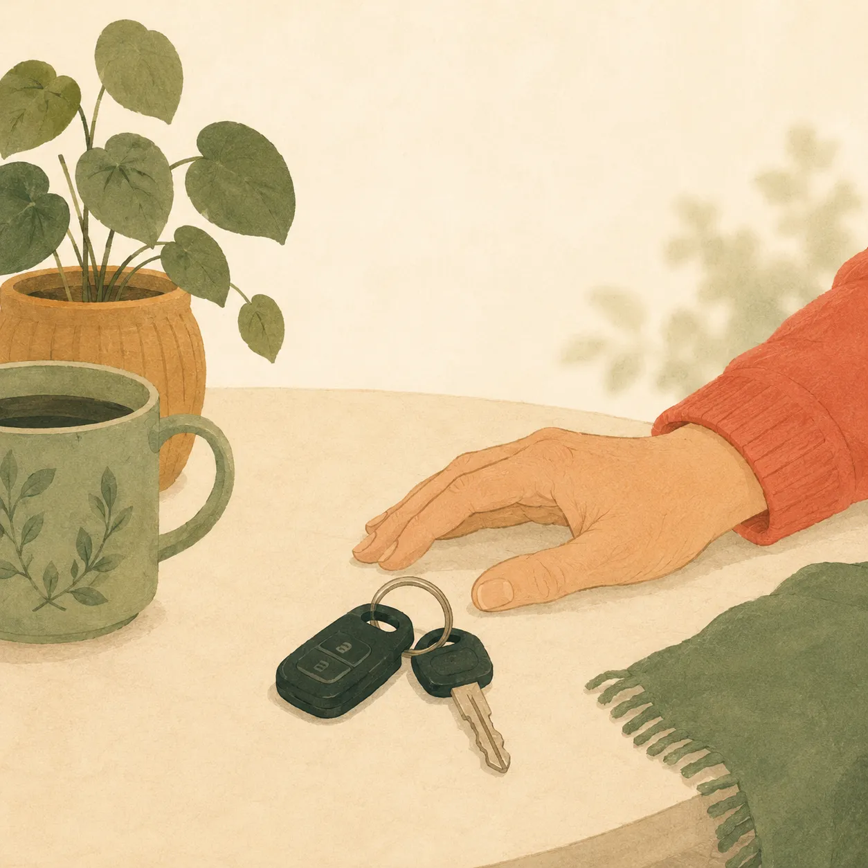 An older parent's hand resting beside car keys on a table.