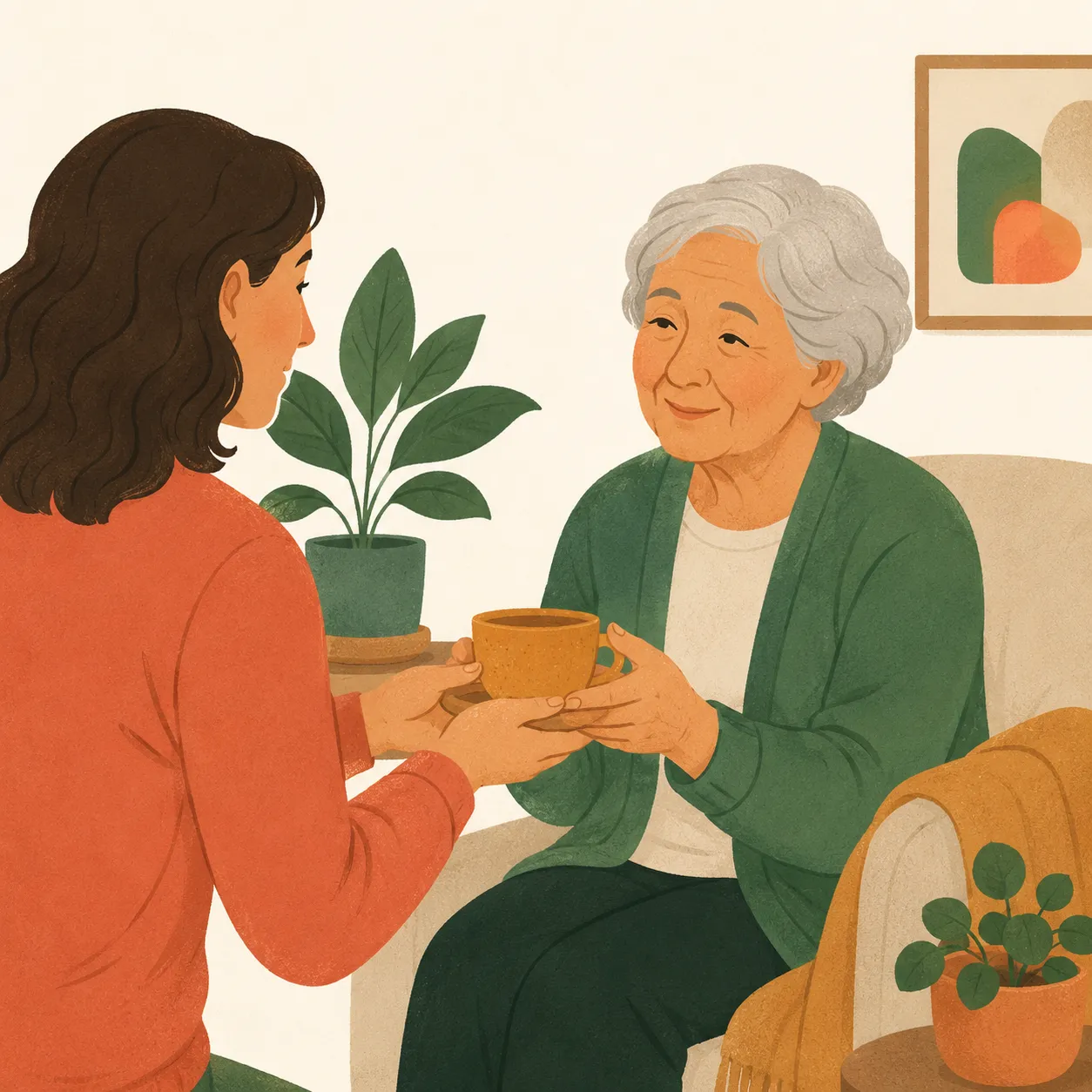A daughter offering her older mother a warm cup of tea and a listening ear.