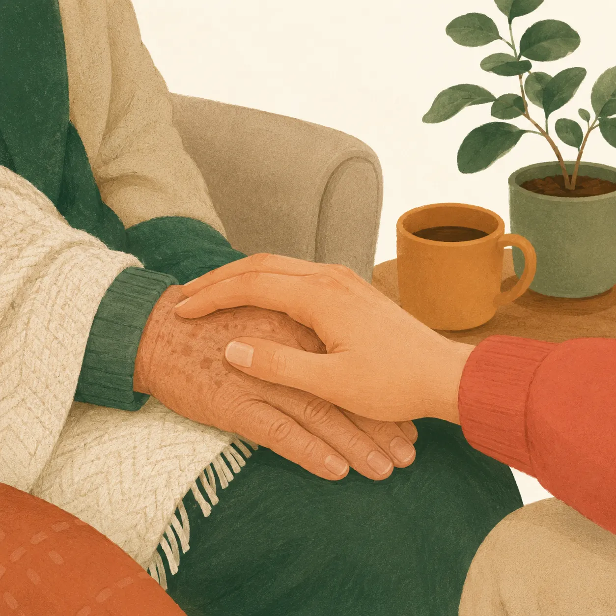 A younger hand resting gently on an older parent's hand in reassurance.
