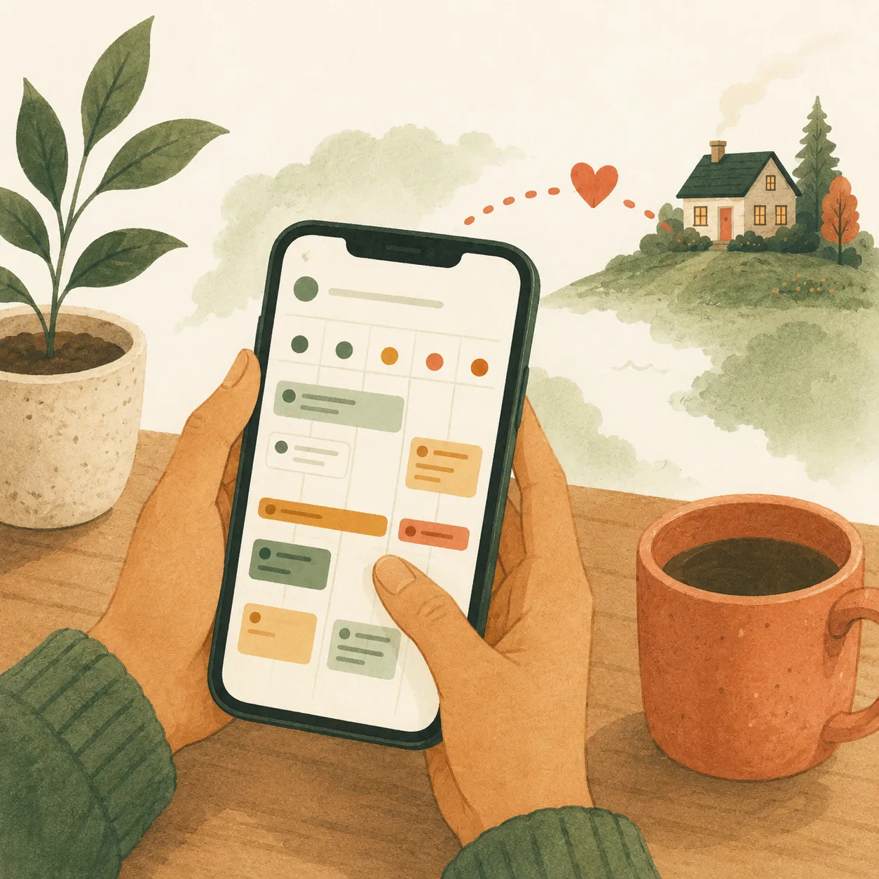 Hands on a phone managing a parent's care remotely from far away.