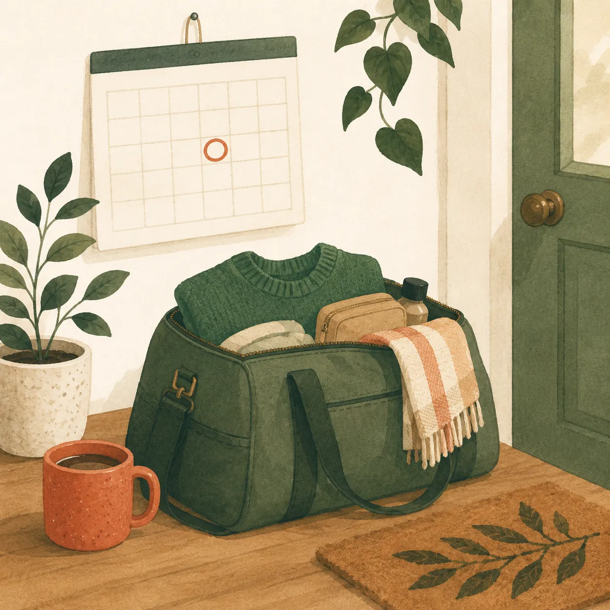 A packed bag by the door and a circled calendar date for an upcoming visit.