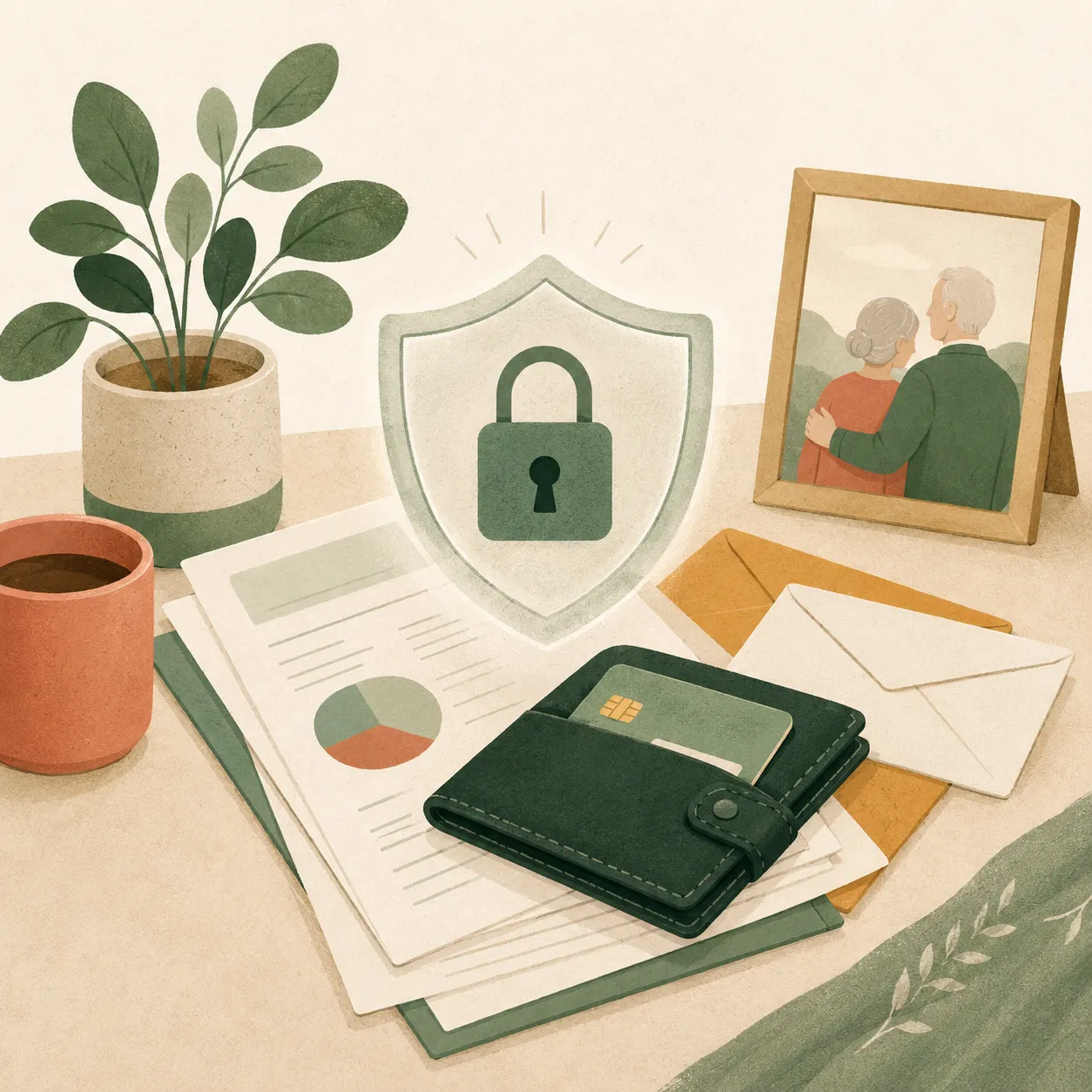 A wallet and statements beside a protective shield and lock, signaling financial oversight.