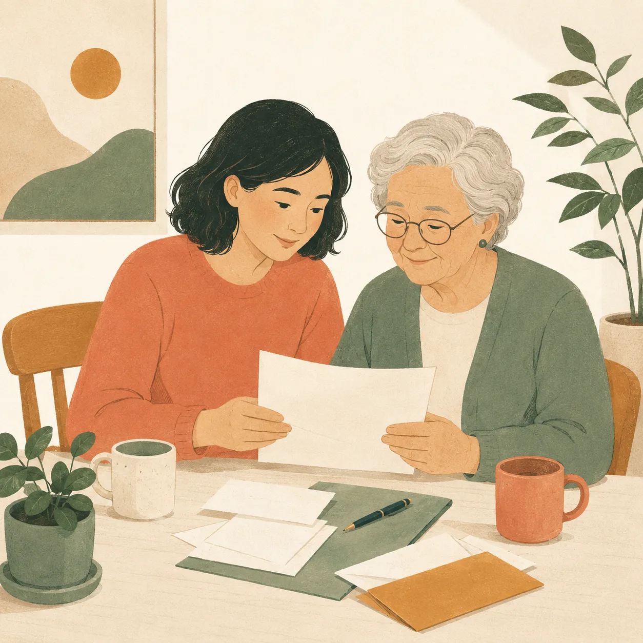 A daughter and her older mother reviewing a bill together to spot scams.