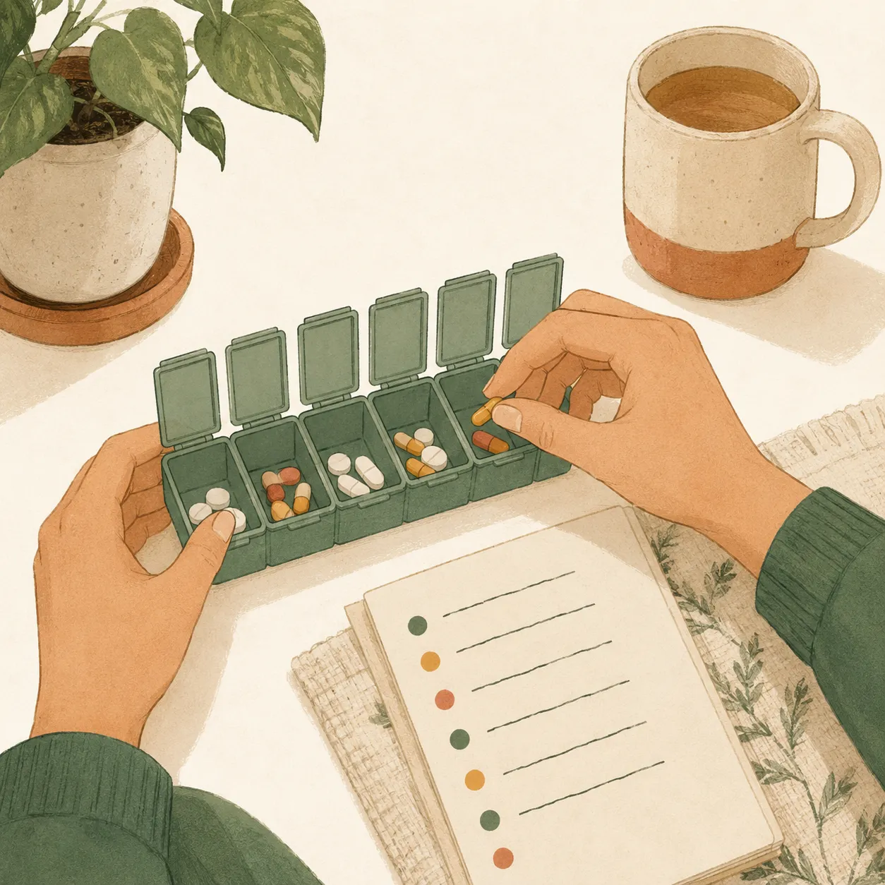 Hands filling a weekly pill organizer beside a checklist of doses.