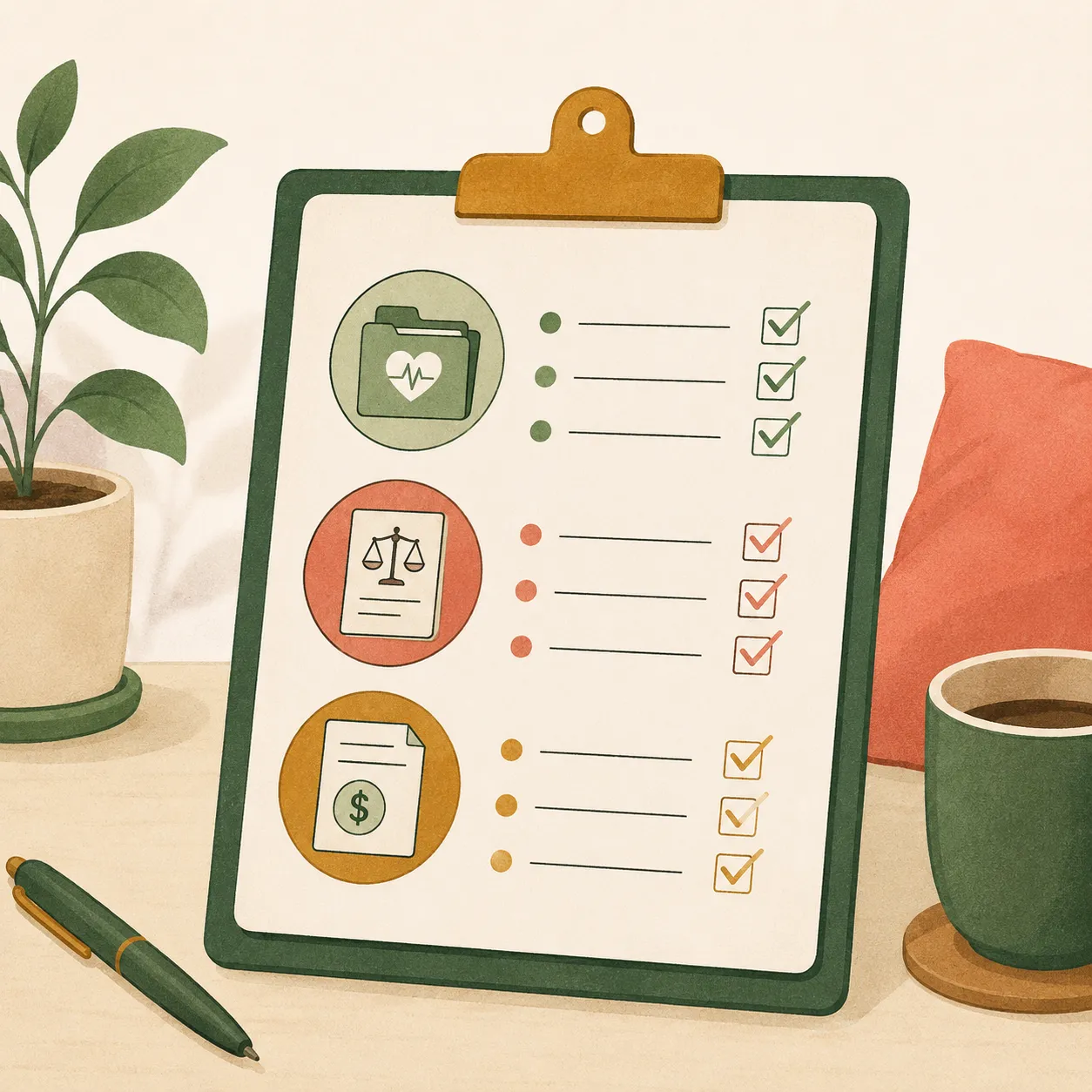A checklist grouping medical, legal, and financial documents by category.