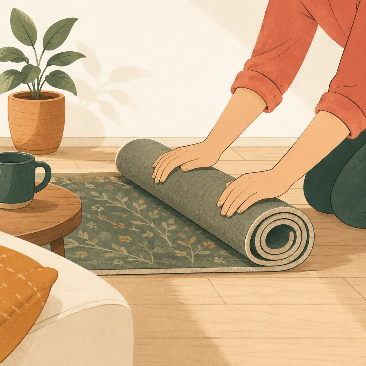 Hands rolling up a loose floor rug to remove a trip hazard.