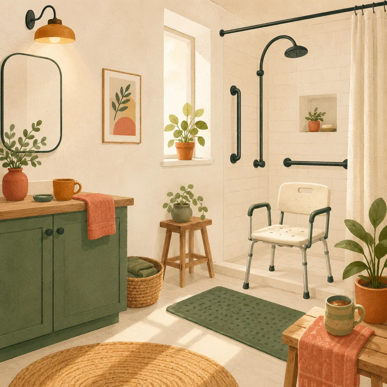 A safer bathroom with grab bars, a shower chair, and non-slip mats.