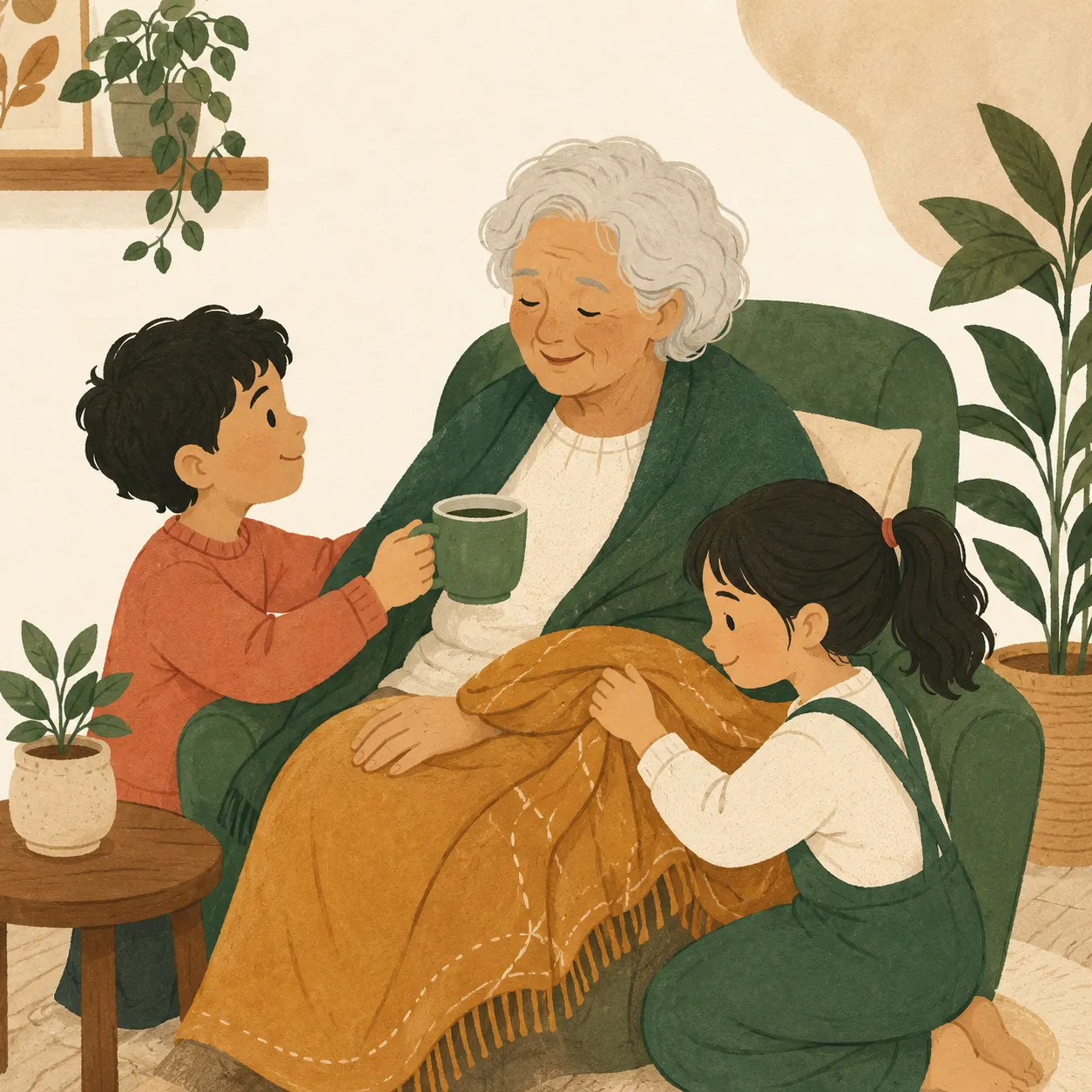 Grandchildren bringing tea and tucking a blanket around their grandmother.