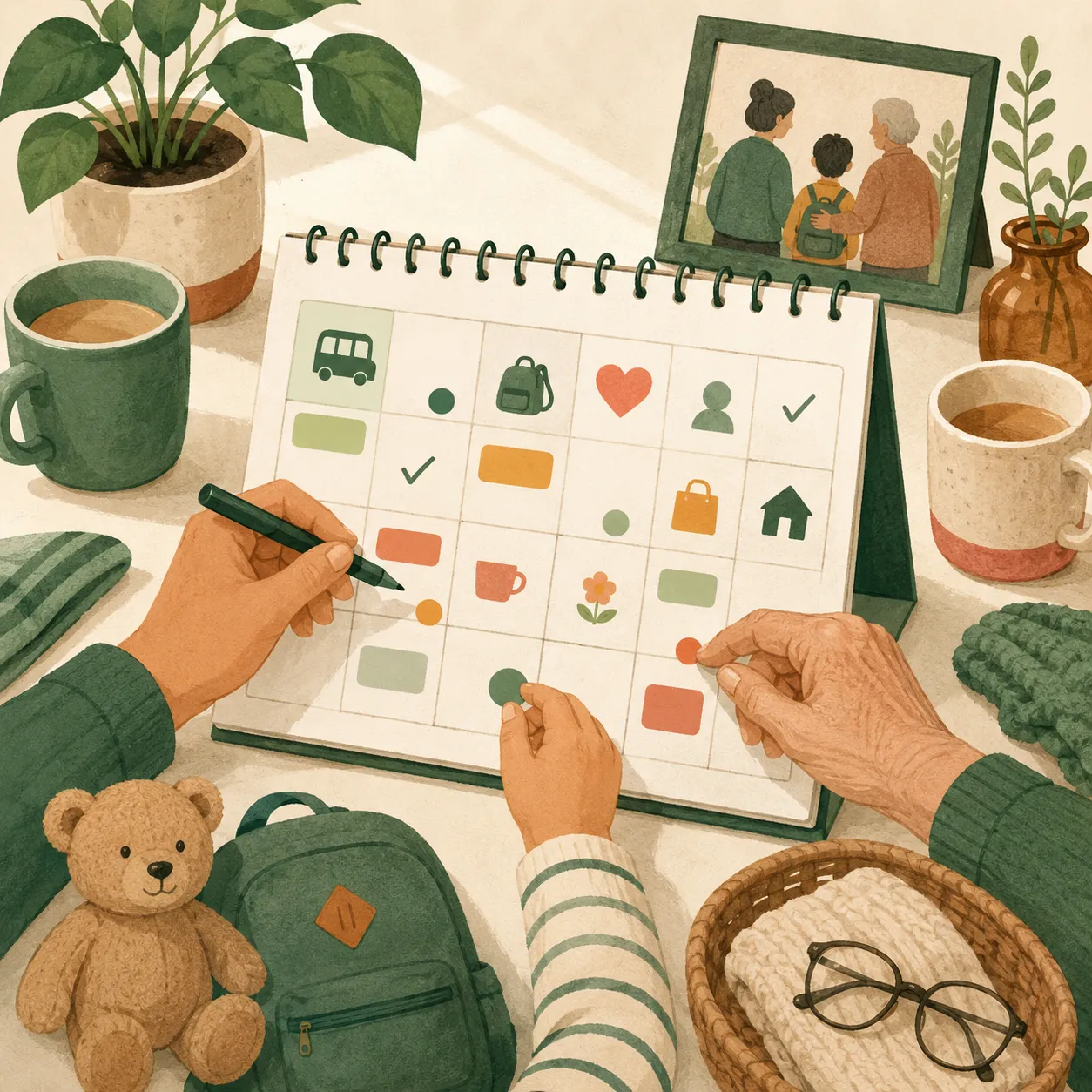 Family hands mapping kids' and parents' commitments onto one shared calendar.