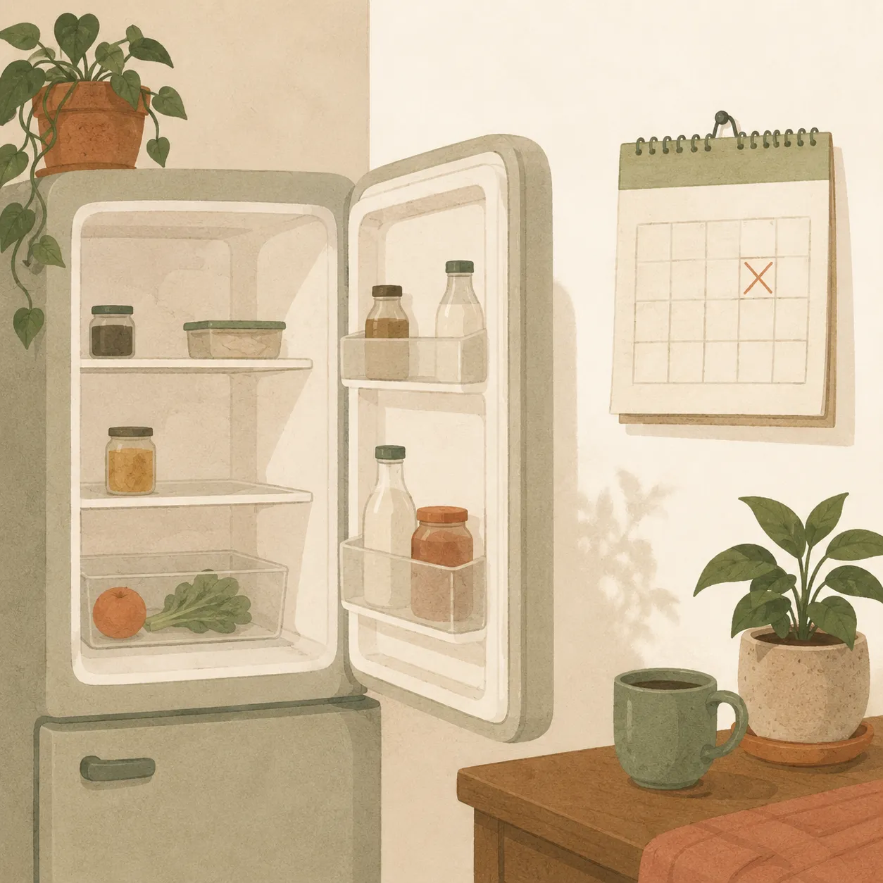 A near-empty fridge and an X-marked calendar hinting at missed meals and days.