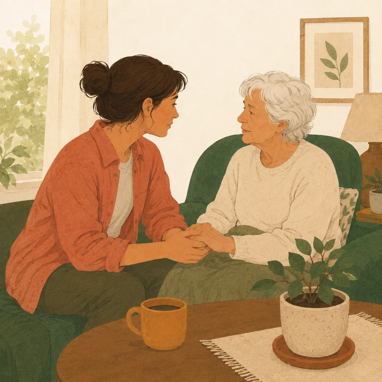 A daughter listening closely to her older mother during a quiet conversation.