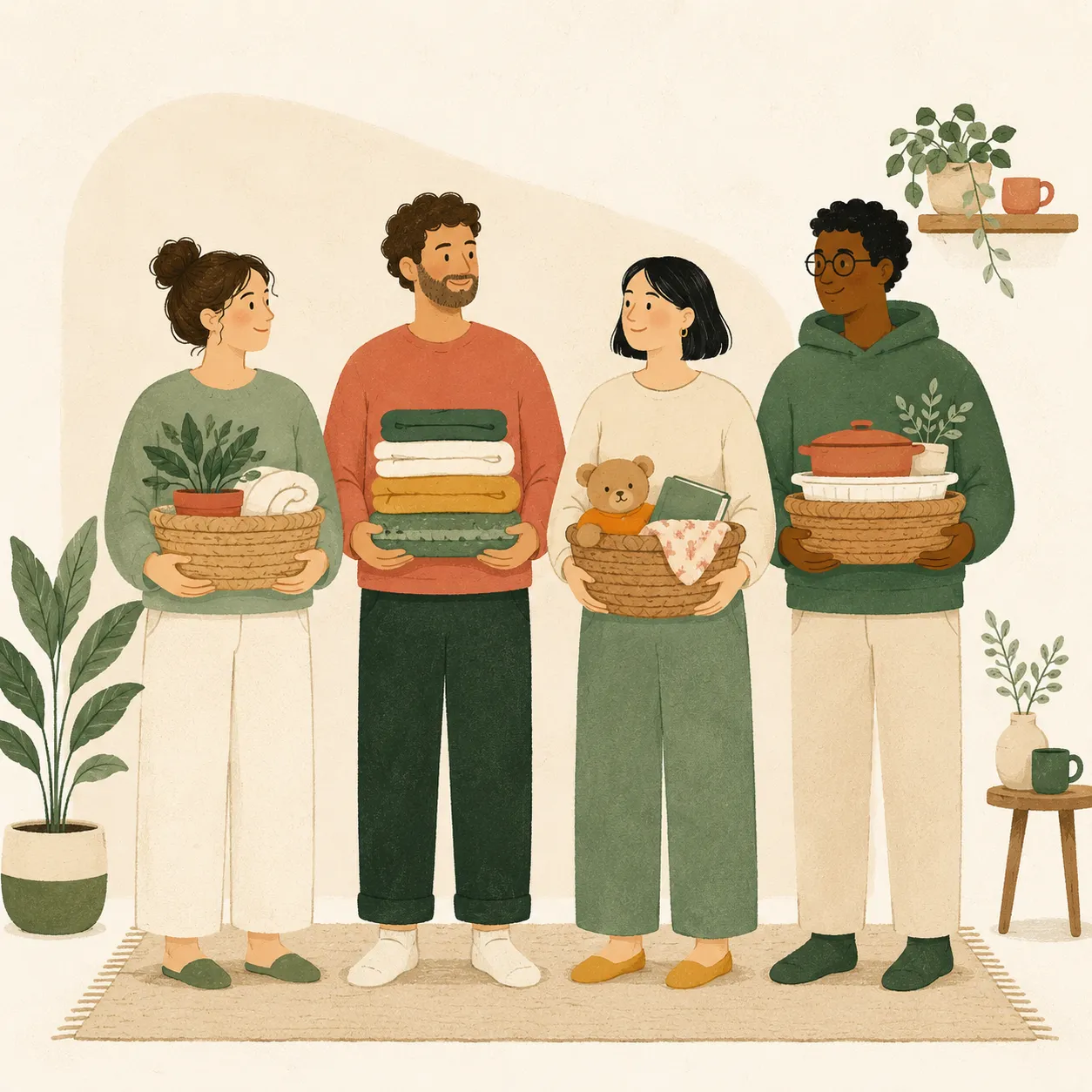 Four siblings each carrying a basket, sharing the caregiving load evenly.