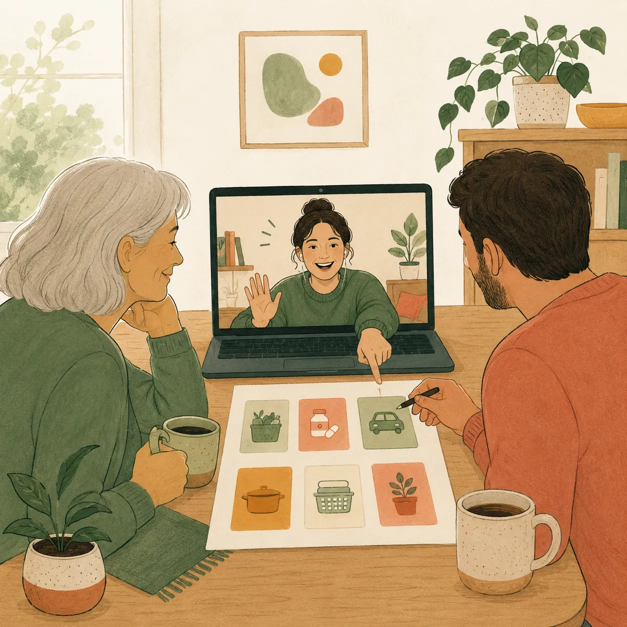 A parent and local sibling on a video call dividing tasks with a remote sibling.