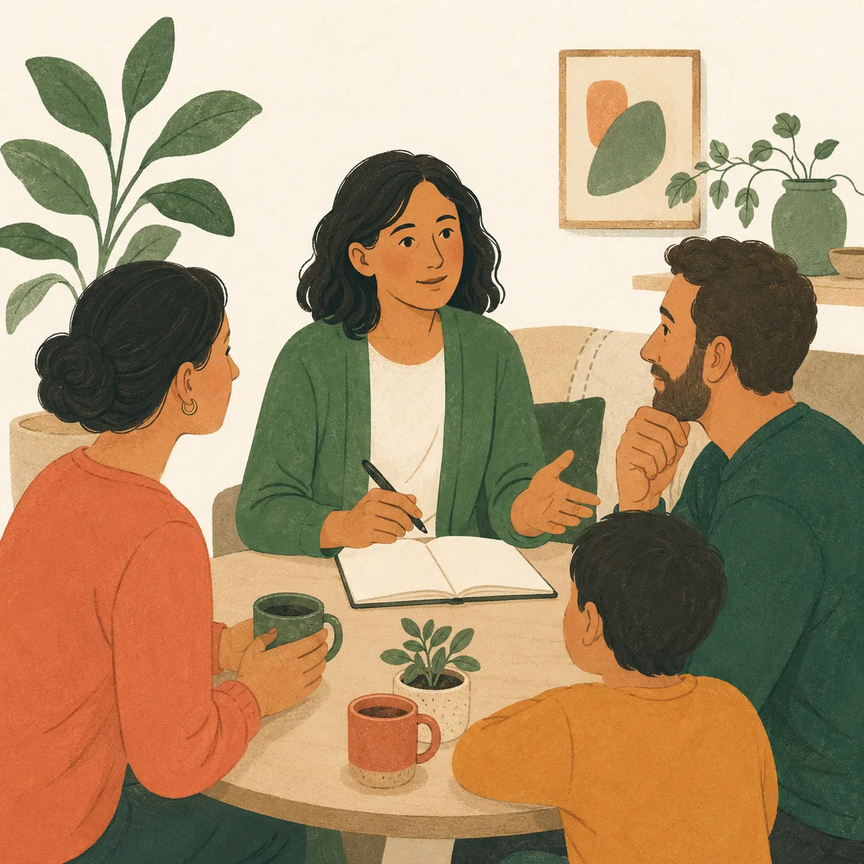 A family sitting around a table talking calmly through a parent's care.